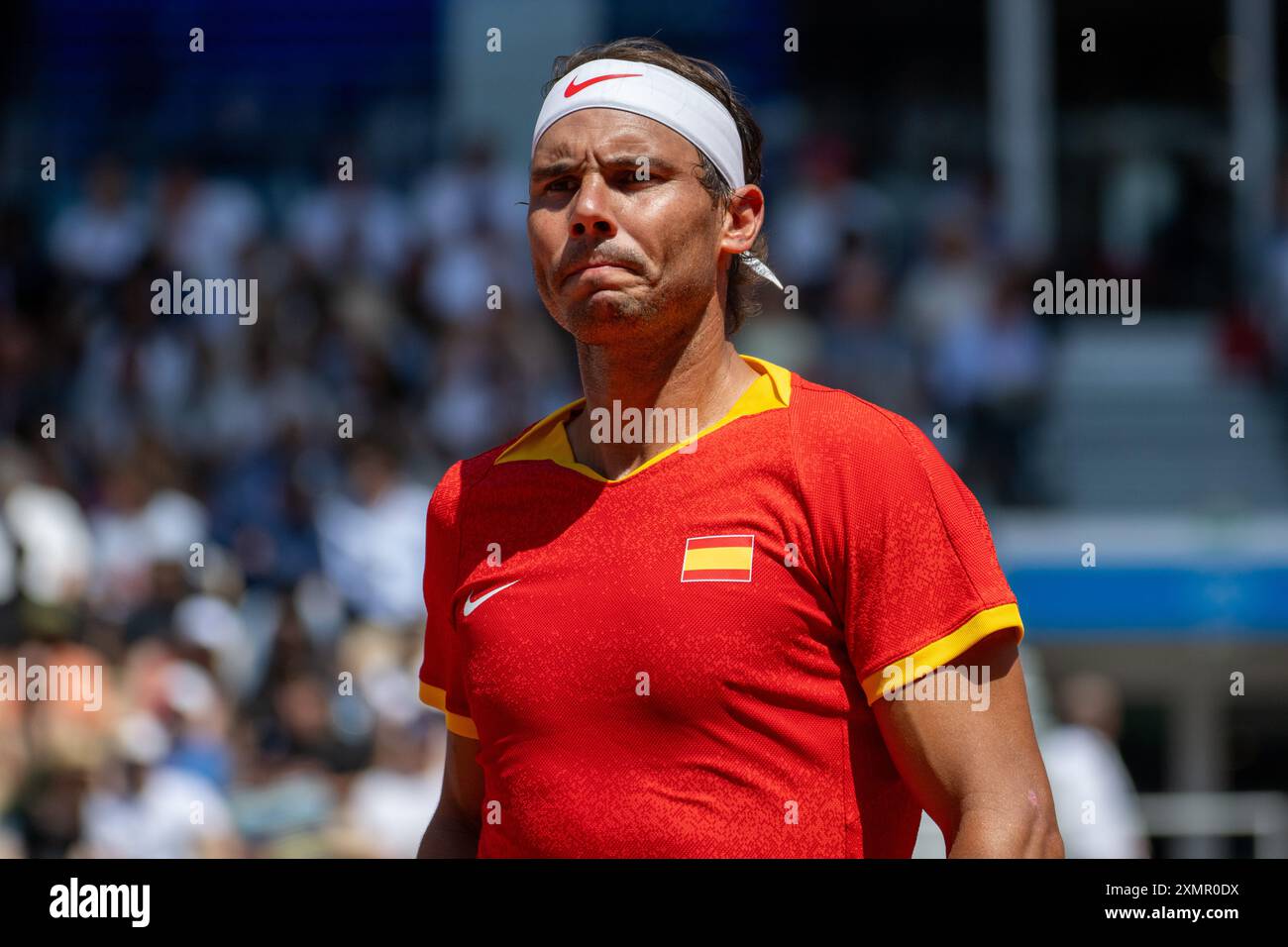 Parigi, Francia. 29 luglio 2024. Rafael Nadal di Spagna disaffezionato durante la partita di tennis maschile Novak Djokovic contro Rafael Nadal alle XXXIII Olimpiadi, Parigi 2024 al Roland Garros, Parigi, Francia (Richard Callis/SPP) credito: SPP Sport Press Photo. /Alamy Live News Foto Stock