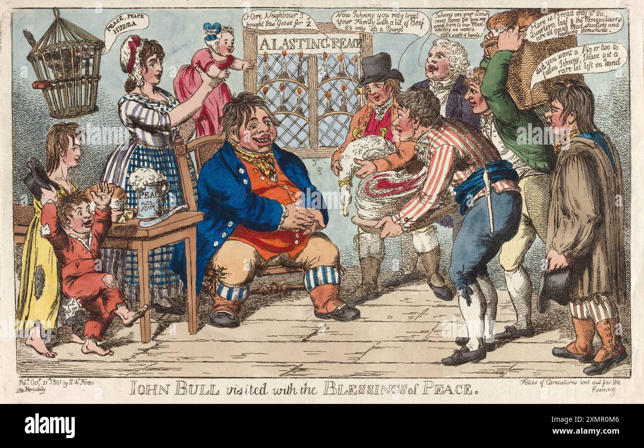 Una divertente e divertente stampa cartoni animati di John Bull visitata con le benedizioni della pace, 1801 incisioni colorate a mano caricature umane dell'epoca georgiana del XIX secolo create da Charles Williams antiche opere d'arte vintage. Caricatura di John Bull con una donna e un bambino, e a due bambini poveri viene offerto cibo a basso costo e un lavoro Foto Stock