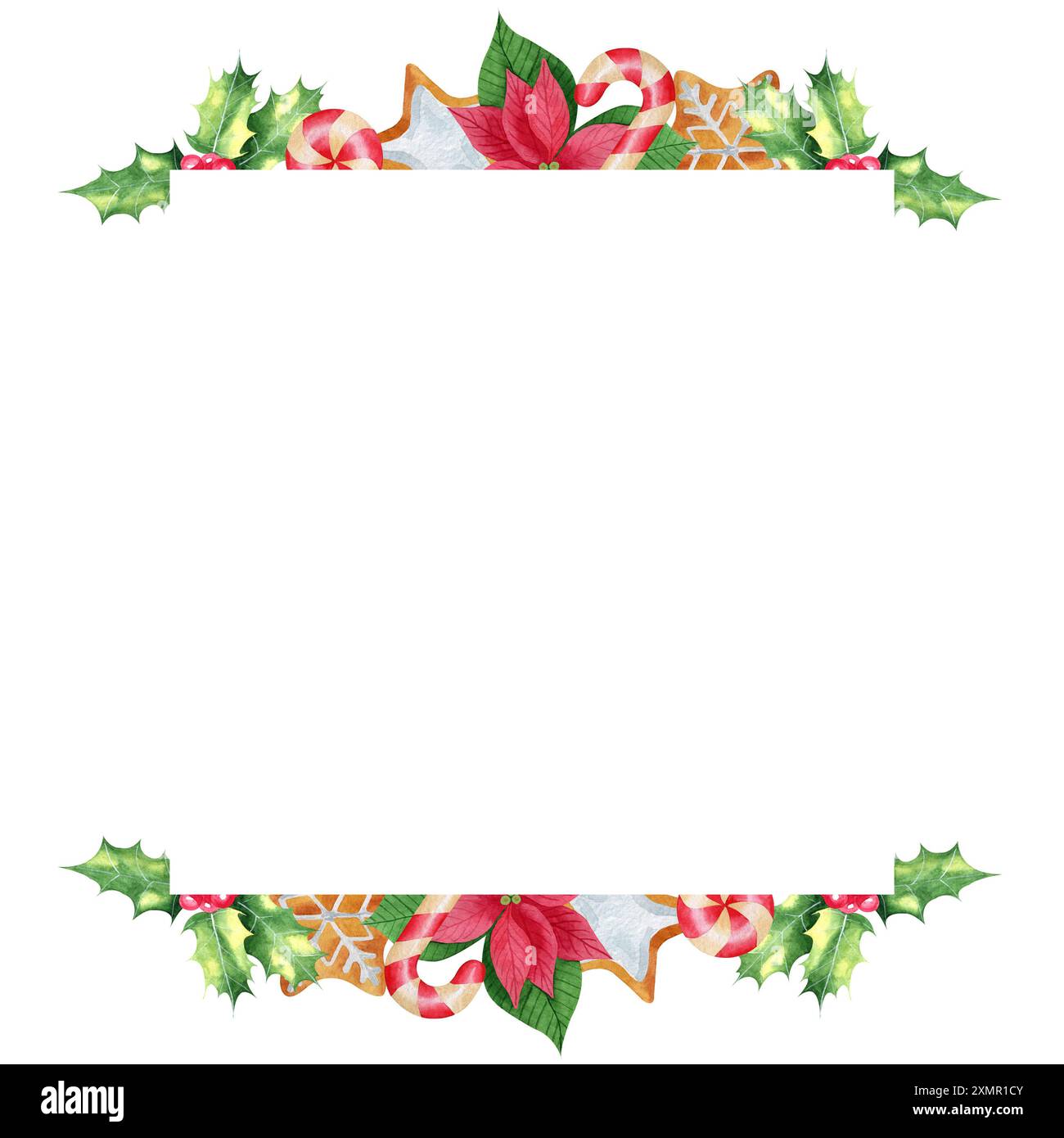 Cornice quadrata di Natale Acquerello illustrazione disegnata a mano con agrifoglio, biscotto di pan di zenzero, rami di pino, bacche rosse, campane dorate, candela, caramelle Foto Stock