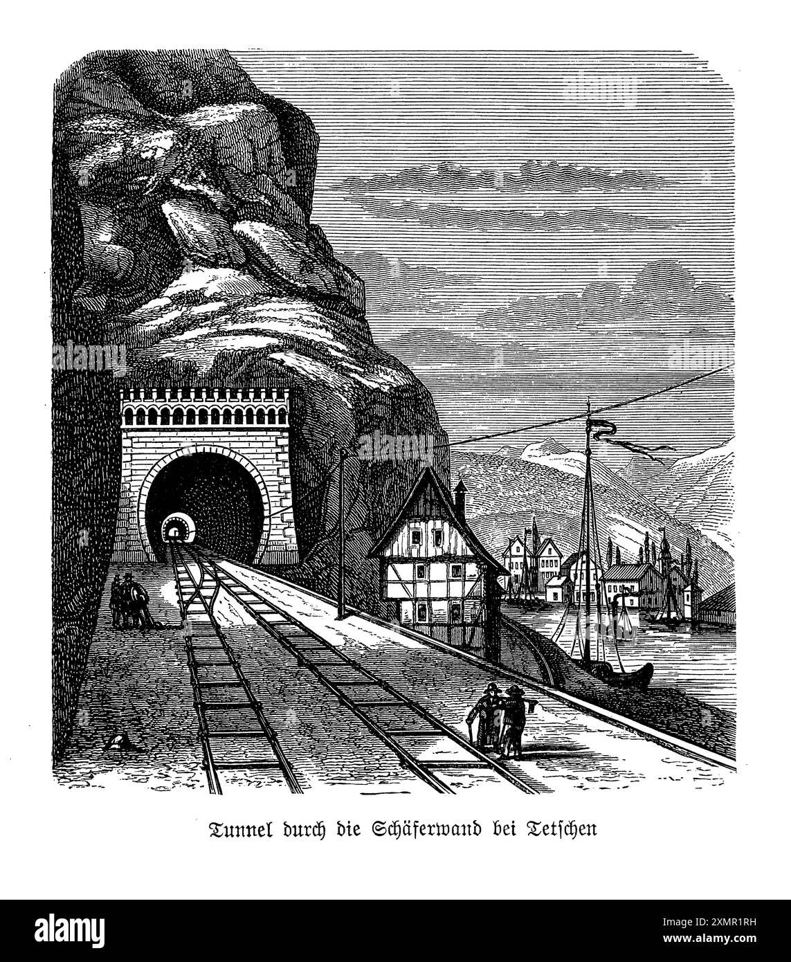 Il tunnel attraverso il Schäferwand (Pastýrská stěna) vicino a Tetschen (oggi Děčín) nella Repubblica Ceca è un esempio impressionante di tunnel e ingegneria del XIX secolo. Scolpito attraverso le aspre scogliere di arenaria della valle del fiume Elba, questo tunnel era una parte cruciale della rete ferroviaria che collegava la regione. L'incisione illustra la meticolosa maestria artigiana che ha coinvolto il taglio attraverso la parete rocciosa, evidenziando il contrasto tra il paesaggio naturale e la struttura artificiale. Questo pezzo storico cattura l'essenza di un'epoca passata Foto Stock