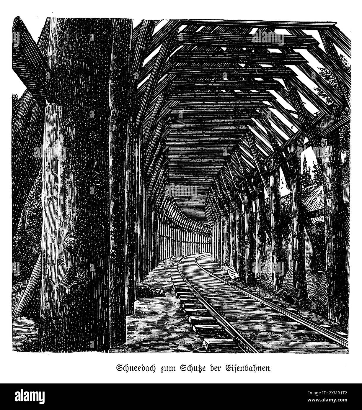 Questa incisione raffigura una struttura a tetto in legno costruita per proteggere una ferrovia dalla neve pesante, mostrando le ingegnose soluzioni ingegneristiche del XIX secolo. Costruita con robuste travi in legno, questa copertura protettiva è progettata per proteggere i cingoli dalle nevicate e prevenire ostruzioni, garantendo operazioni ferroviarie sicure e ininterrotte. L'opera d'arte dettagliata mette in risalto il design robusto e pratico, con travi in legno che formano un riparo resistente agli agenti atmosferici. Questo pezzo illustra la combinazione di funzionalità e maestria nell'ingegneria ferroviaria storica Foto Stock