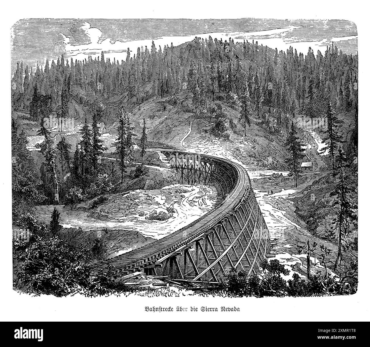 L'incisione del binario ferroviario sulla Sierra Nevada cattura l'aspra bellezza e il trionfo ingegneristico di questa ferrovia americana del XIX secolo. Serpeggiando attraverso le alte vette e le fitte foreste delle montagne della Sierra Nevada, questa ferrovia era una parte cruciale della ferrovia transcontinentale, simboleggiando l'implacabile spinta verso l'espansione verso ovest. L'opera d'arte dettagliata mostra i binari che attraversano il terreno montuoso, con locomotive che navigano su curve strette e pendenze ripide. Questo pezzo mette in evidenza il compito impegnativo ma impressionante di costruire una ferrovia Foto Stock