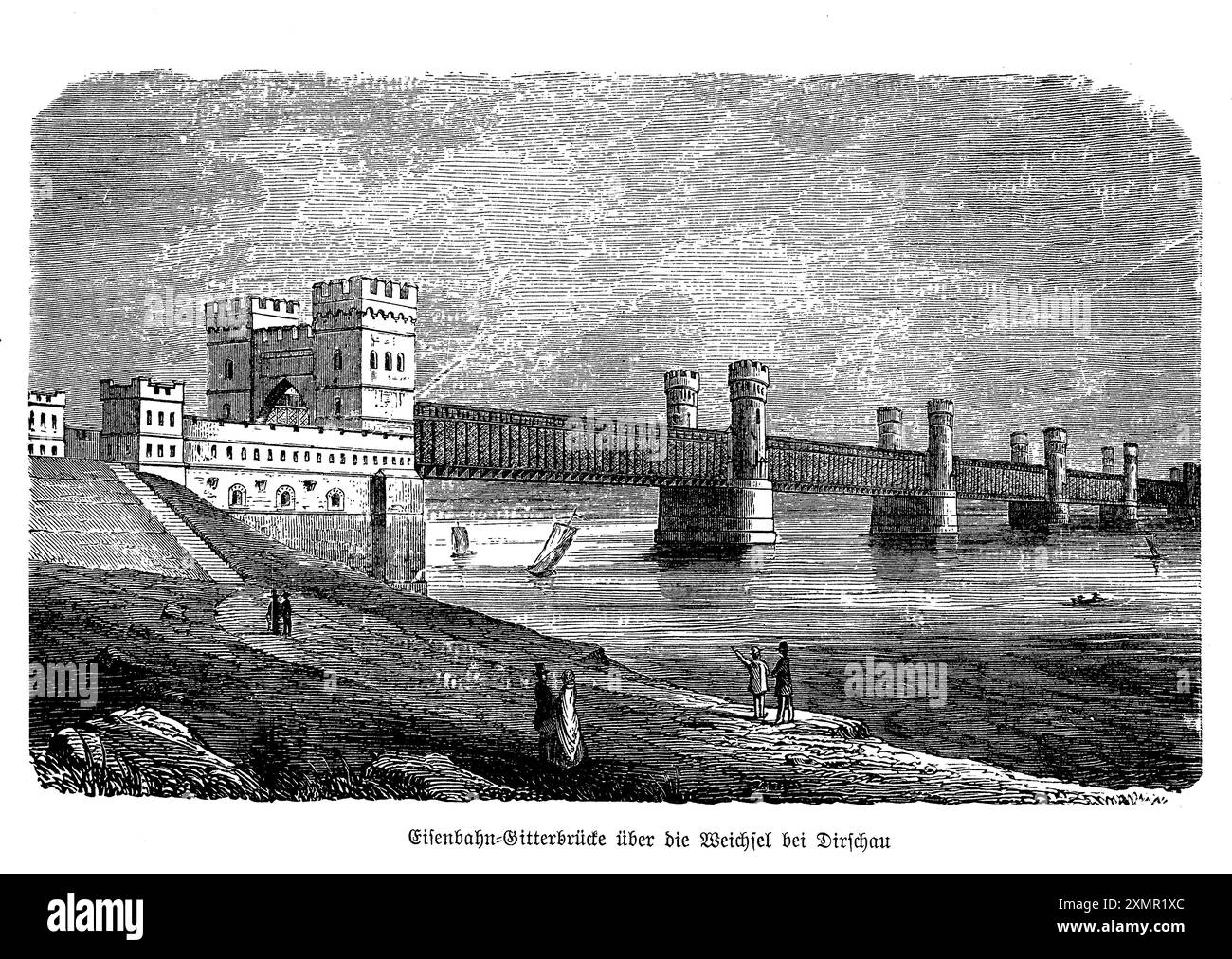 Questa incisione raffigura il ponte ferroviario sul fiume Vistola a Dirschau (l'odierna Tczew), un importante risultato ingegneristico del XIX secolo in Prussia. Completato nel 1857, questo ponte era uno dei più lunghi del suo genere in Europa all'epoca. Caratterizzato da molteplici campate supportate da robusti moli, ha svolto un ruolo cruciale nel collegare le principali rotte commerciali in tutta la regione. L'opera d'arte dettagliata cattura l'impressionante struttura del ponte, con le sue intricate opere d'acciaio e i robusti supporti adagiati contro la Vistola che scorre. Questo pezzo storico riflette i progressi significativi nel trasporto A. Foto Stock