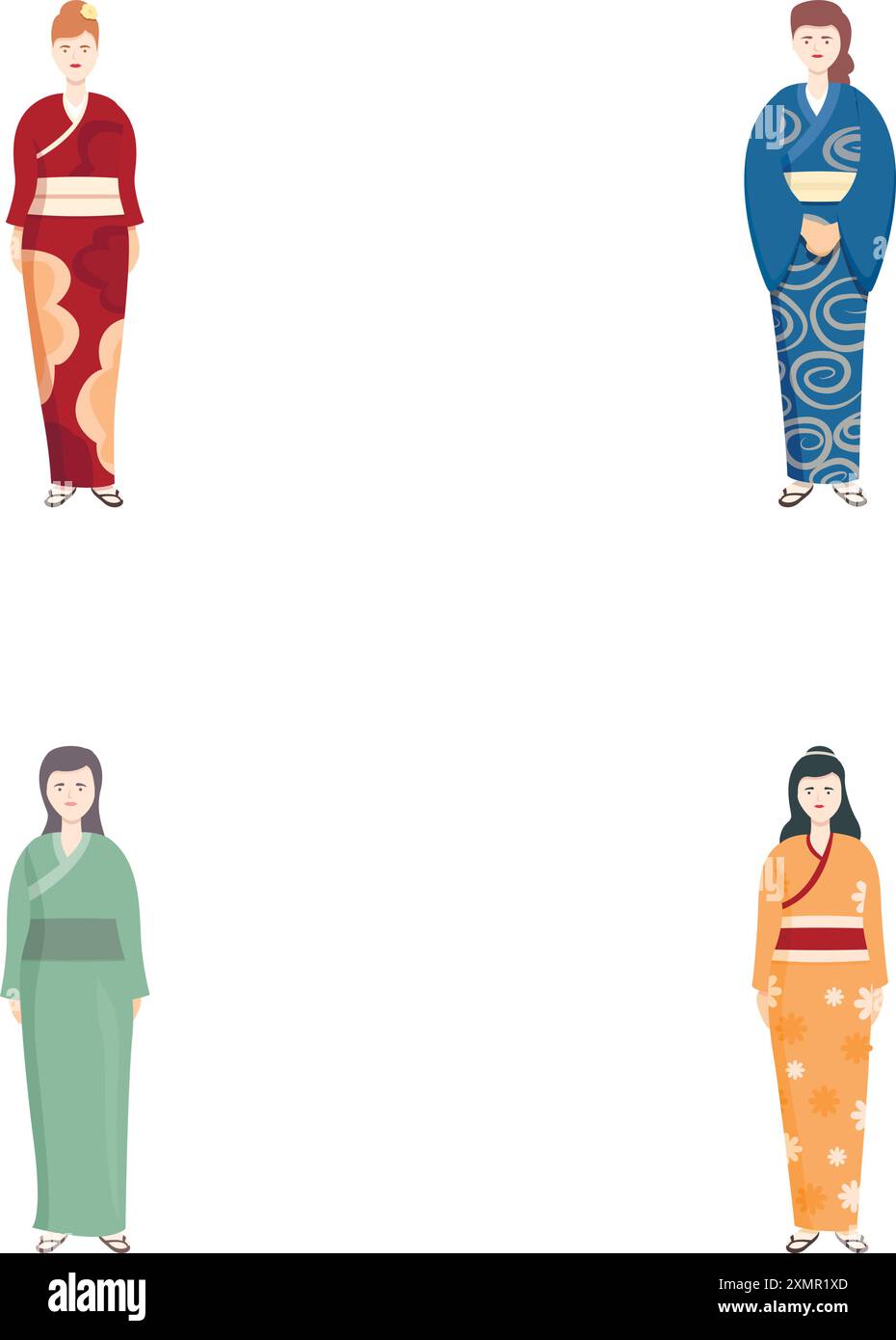 Collezione di quattro diverse donne che indossano kimono colorati, che rappresentano il tradizionale abbigliamento giapponese Illustrazione Vettoriale