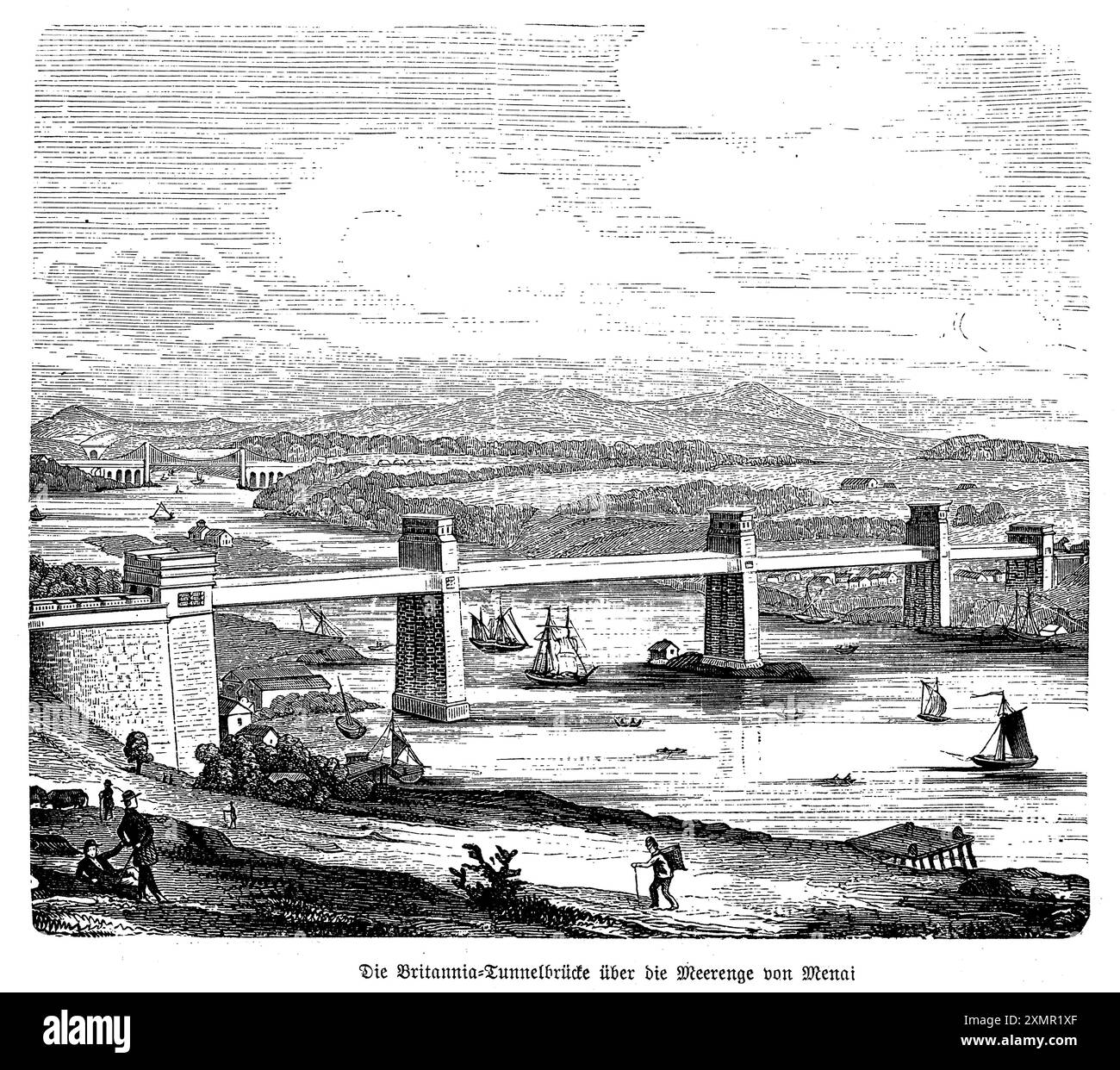 Questa incisione cattura il Ponte Britannia che attraversa lo stretto di Menai in Galles, un esempio iconico di ingegneria del XIX secolo. Progettato dal famoso ingegnere Robert Stephenson, il ponte è stato completato nel 1850 e presenta sezioni tubolari in ferro sostenute da enormi torri in pietra. Il ponte collegava l'isola di Anglesey con il Galles continentale, facilitando il trasporto e il commercio. L'opera d'arte illustra la grandiosità del design del ponte, con le sue torri monumentali e le intricate opere in ferro, sullo sfondo delle acque tranquille dello stretto. Foto Stock