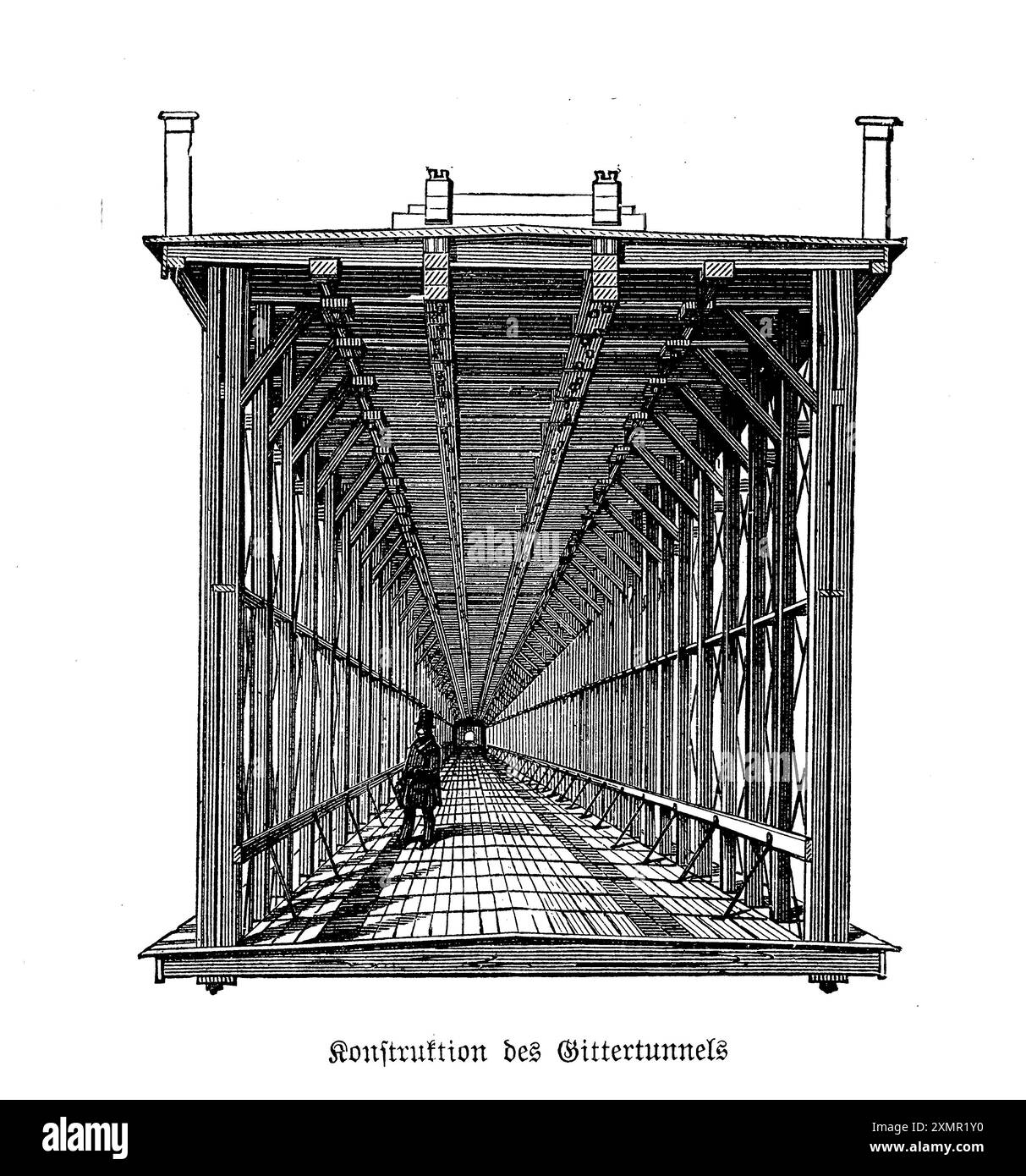 Questa incisione illustra la costruzione del tunnel di gitter, che mostra la meticolosa ingegneria e le abilità architettoniche del XIX secolo. La progettazione del tunnel con gitter, o reticolo, coinvolge una complessa rete di travi intrecciate che creano una struttura robusta e resiliente. Questo tipo di costruzione fu impiegato per fornire maggiore stabilità e sostegno, in particolare nelle aree soggette a instabilità geologica. La grafica dettagliata mette in risalto l'intricato motivo della struttura a reticolo, dimostrando la precisione e la cura artigianale richieste. Foto Stock