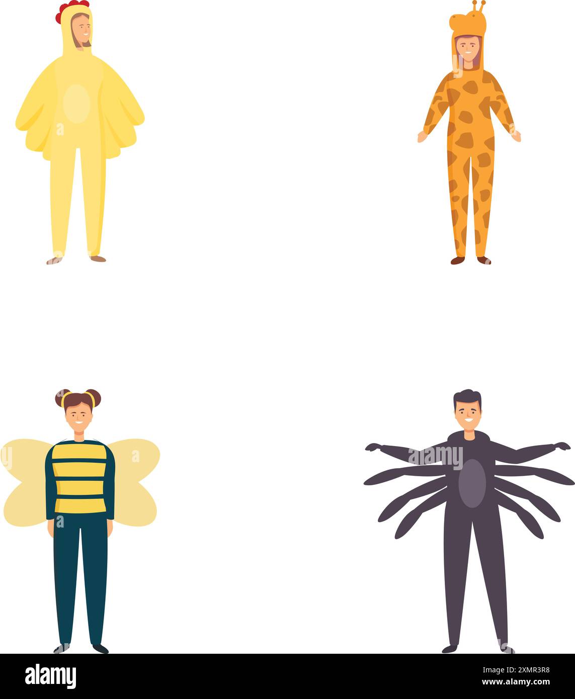 Quattro diversi personaggi dei cartoni animati vestiti da insetti colorati per feste o spettacoli teatrali Illustrazione Vettoriale