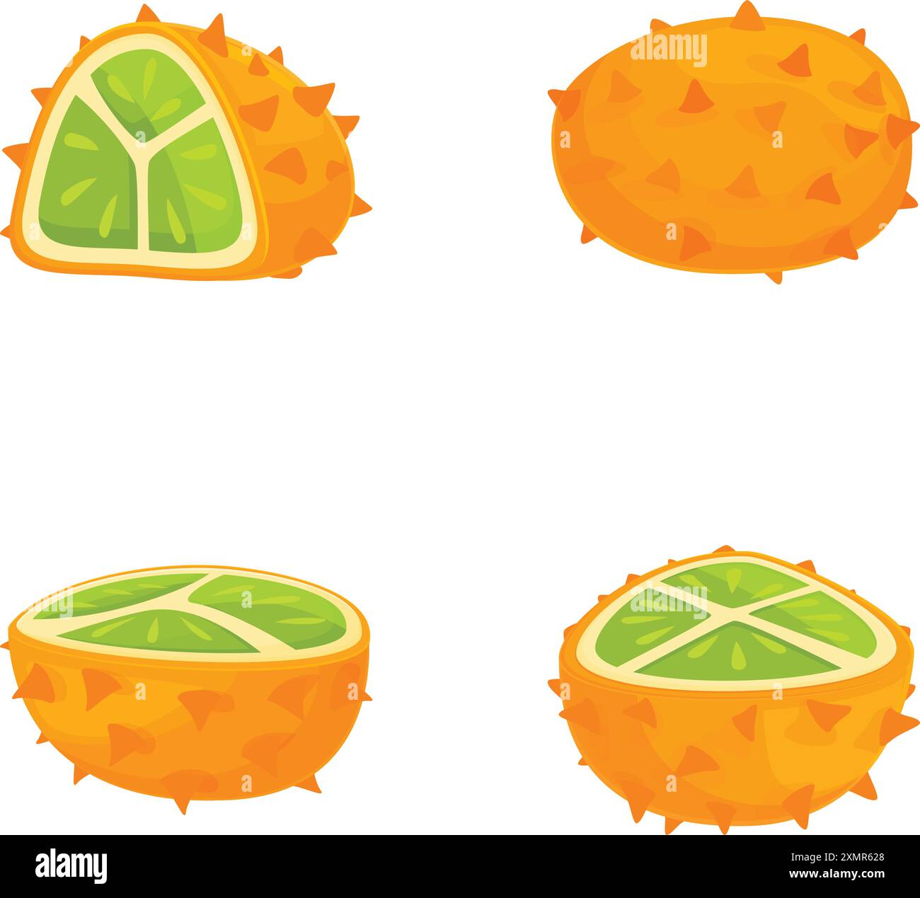 Vivaci e colorate illustrazioni di frutta kiwano in grafica vettoriale, che mostrano il melone esotico e tropicale dalle corna Illustrazione Vettoriale