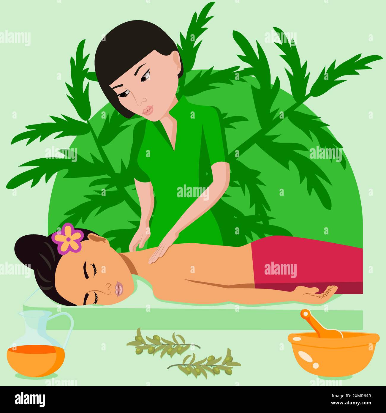 Massaggio svedese con terapie di massaggio professionali nella spa. Etnia asiatica e orientale. Illustrazione del vettore piatto isolato. Illustrazione Vettoriale