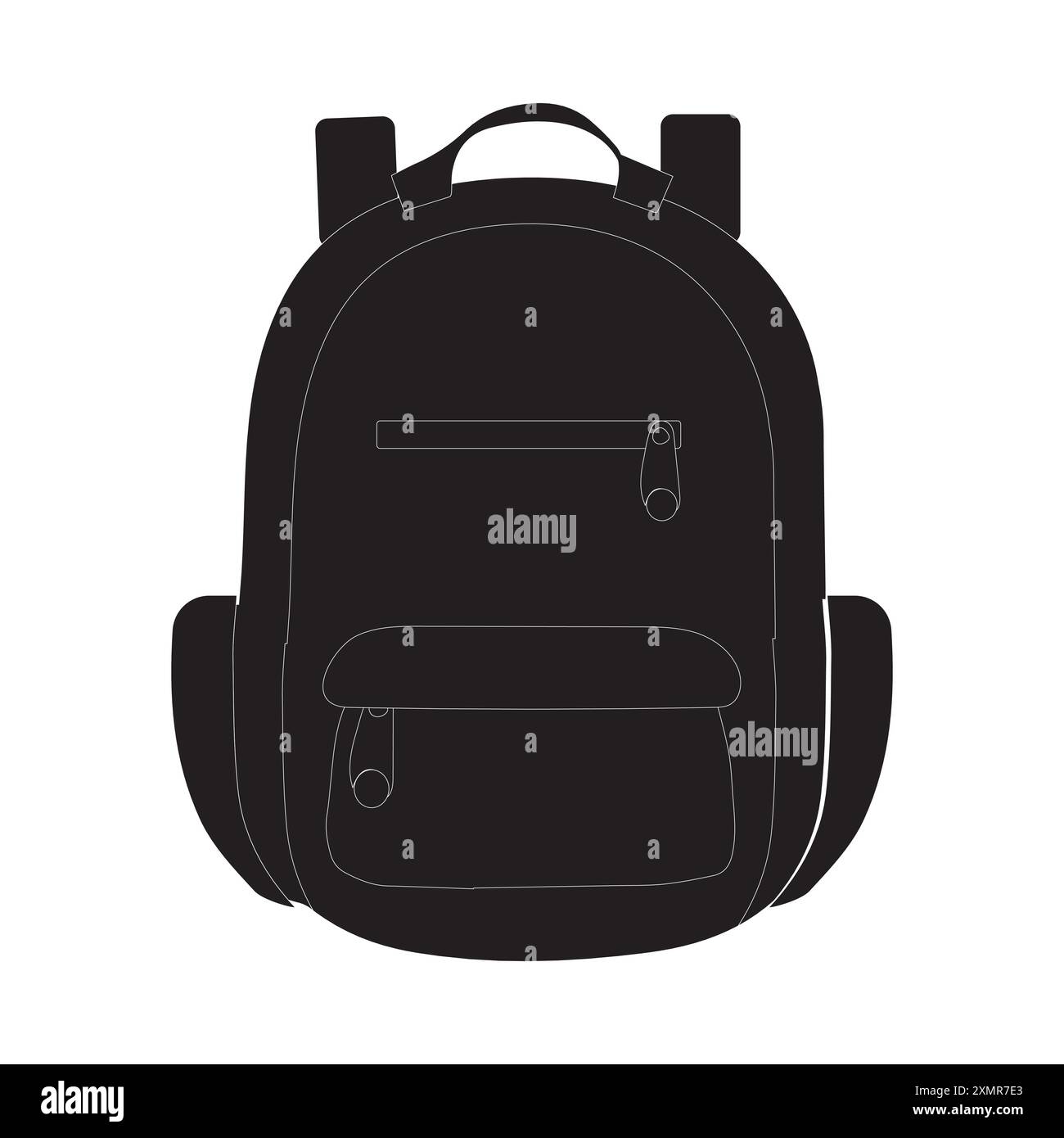 Uno zaino nero con tasca anteriore e tasche laterali. Ideale per l'uso in materiali promozionali, pubblicità e illustrazioni di prodotti. Illustrazione Vettoriale
