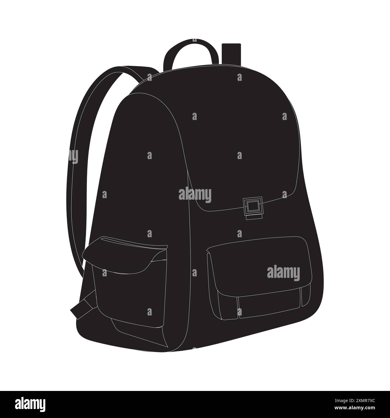 Uno zaino nero con tasca anteriore e tasche laterali. Ideale per l'uso in materiali promozionali, pubblicità e illustrazioni di prodotti. Illustrazione Vettoriale