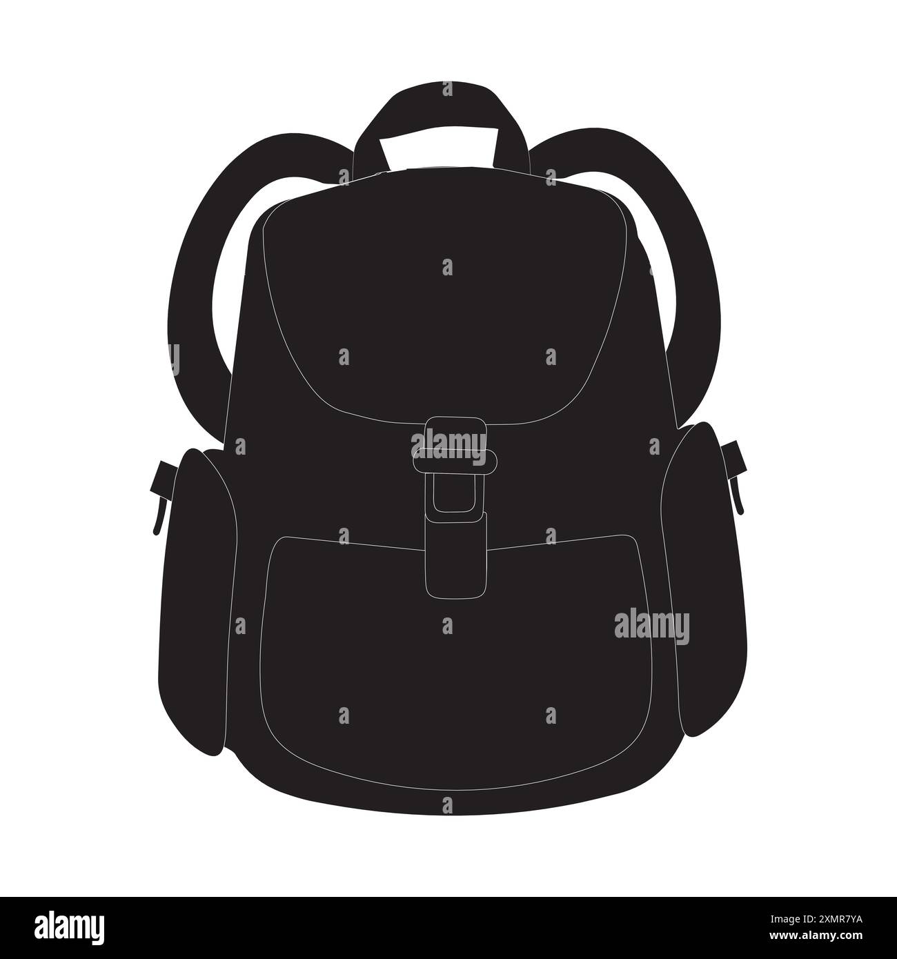 Uno zaino nero con tasca anteriore e tasche laterali. Ideale per l'uso in materiali promozionali, pubblicità e illustrazioni di prodotti. Illustrazione Vettoriale