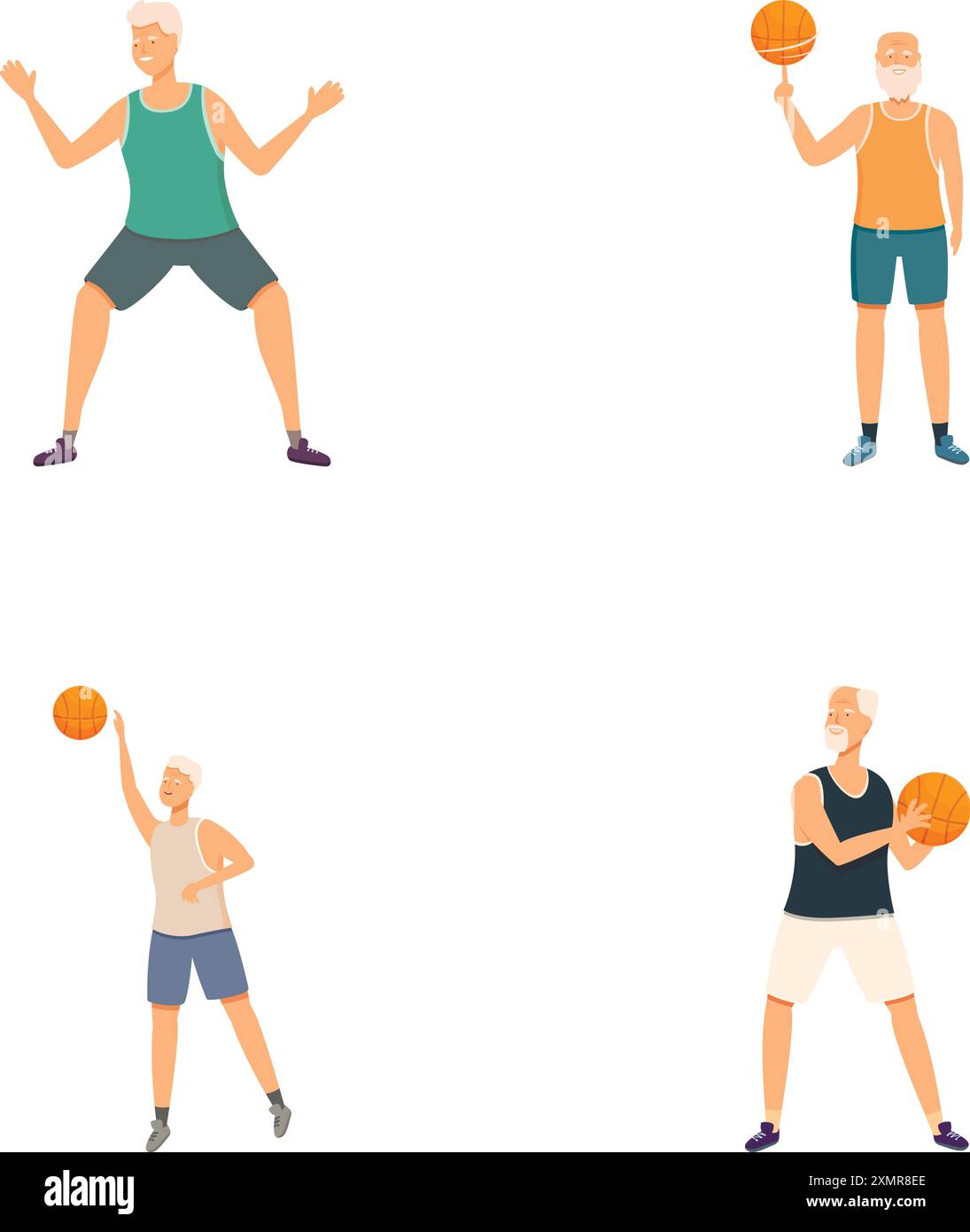 Serie di illustrazioni che illustrano gli uomini anziani in abbigliamento sportivo che giocano a basket Illustrazione Vettoriale