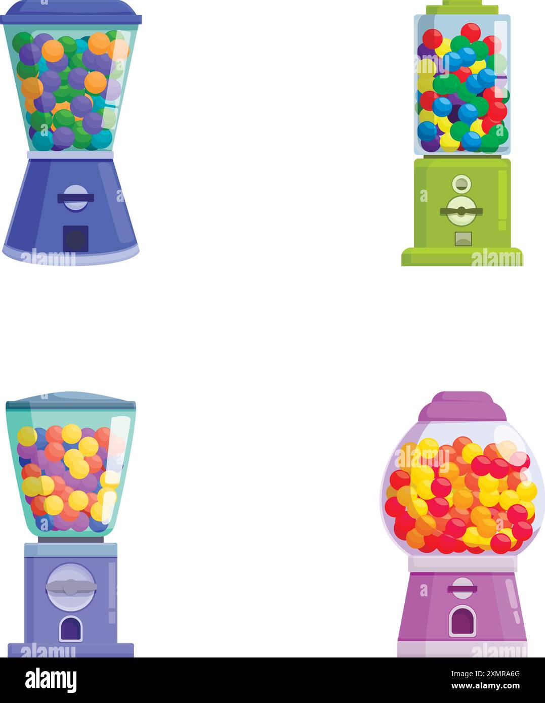 Set di quattro vibranti e colorate macchine da gumball in stile cartoni animati su sfondo bianco Illustrazione Vettoriale