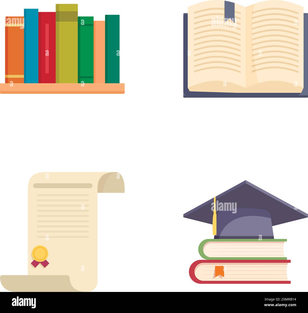 Collezione di quattro icone piatte che simboleggiano l'istruzione, i libri e i risultati accademici Illustrazione Vettoriale
