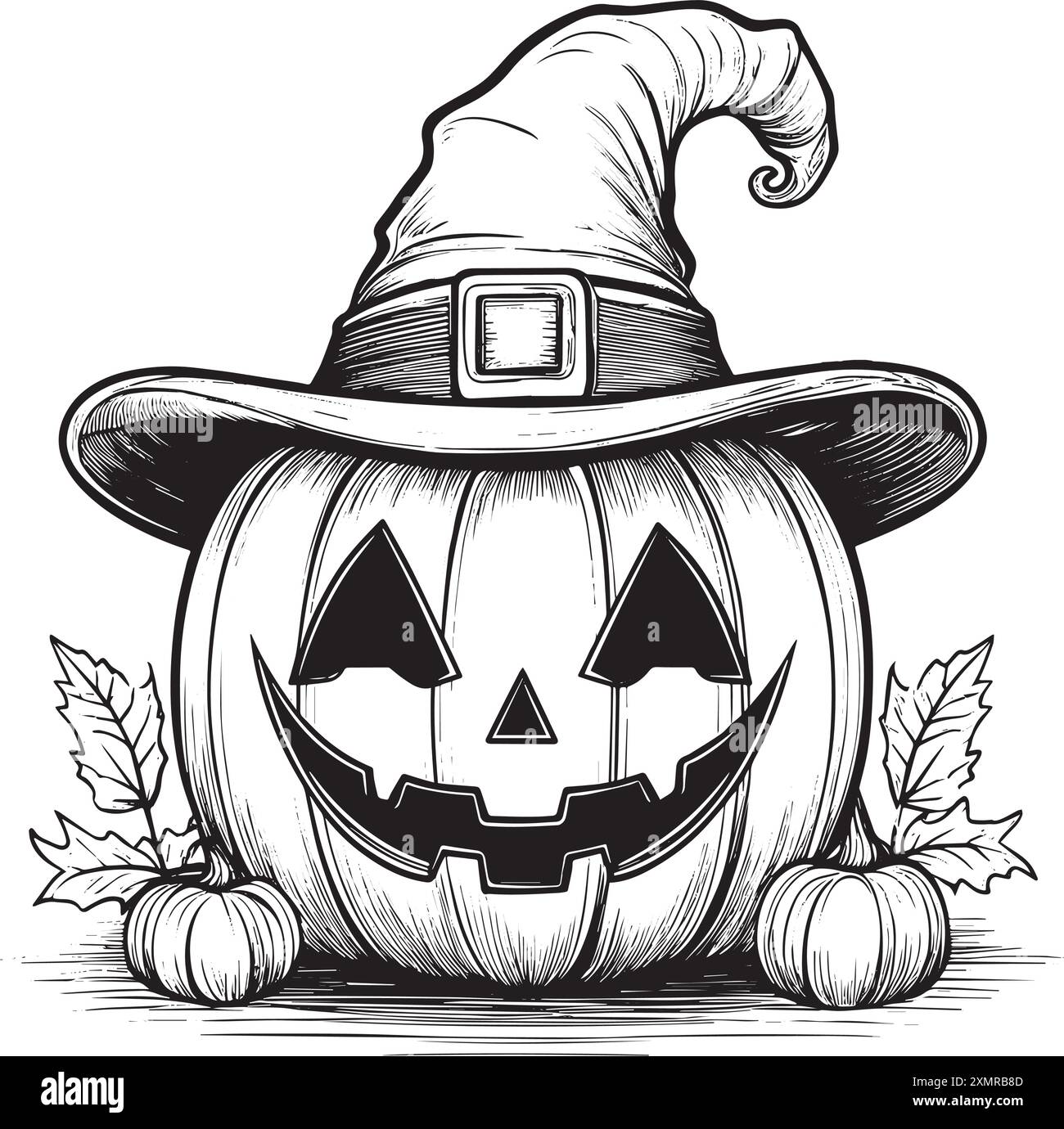 Festiva decorazione di Halloween di una zucca con un cappello da strega e un sorriso Illustrazione Vettoriale