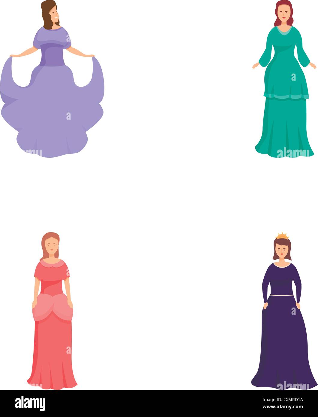 Set di quattro eleganti donne illustrate che indossano vari stili di abiti vintage, isolati su sfondo bianco Illustrazione Vettoriale