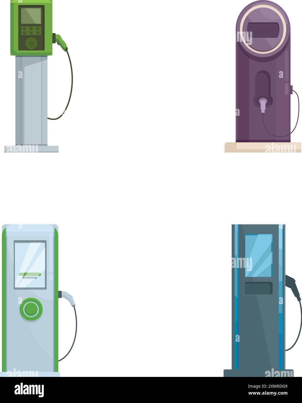 Illustrazione di quattro tipi di stazioni di ricarica per veicoli elettrici isolate su sfondo bianco Illustrazione Vettoriale