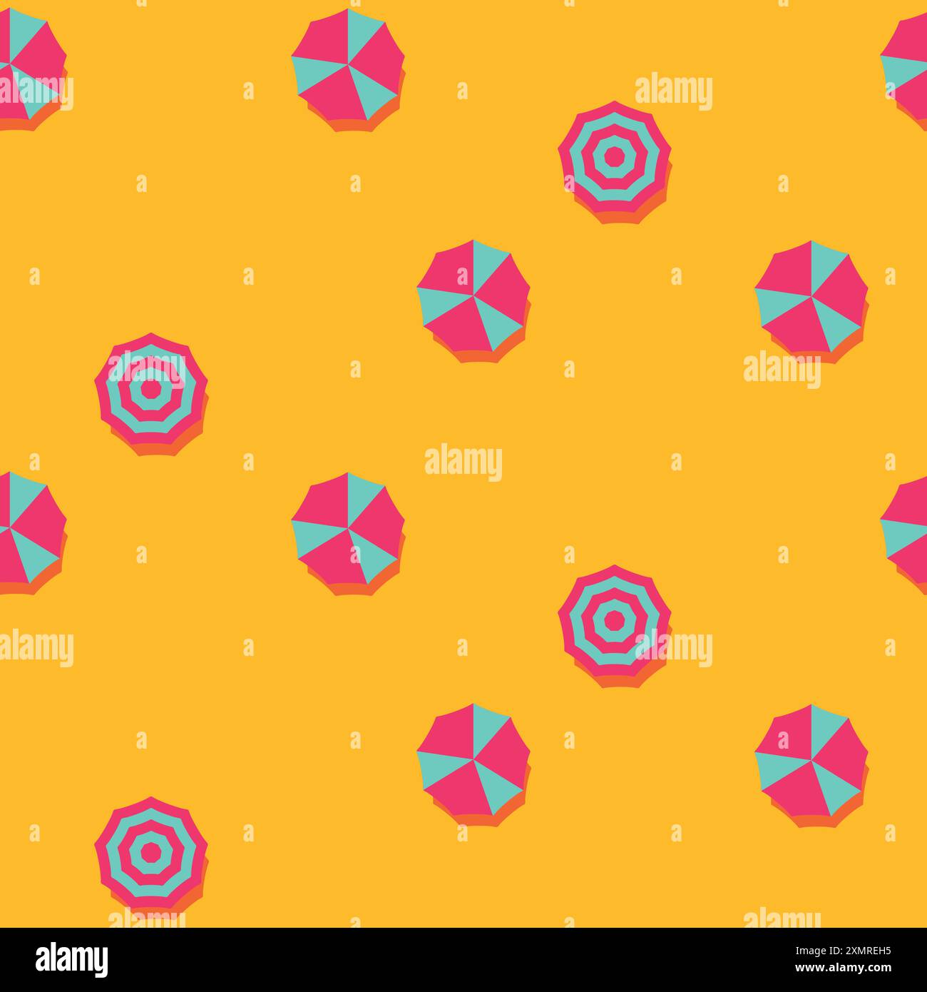 Ombrelloni senza cuciture. Illustrazione piatta vettoriale degli oggetti di colore arancio e rosa brillante sullo sfondo della spiaggia estiva Illustrazione Vettoriale