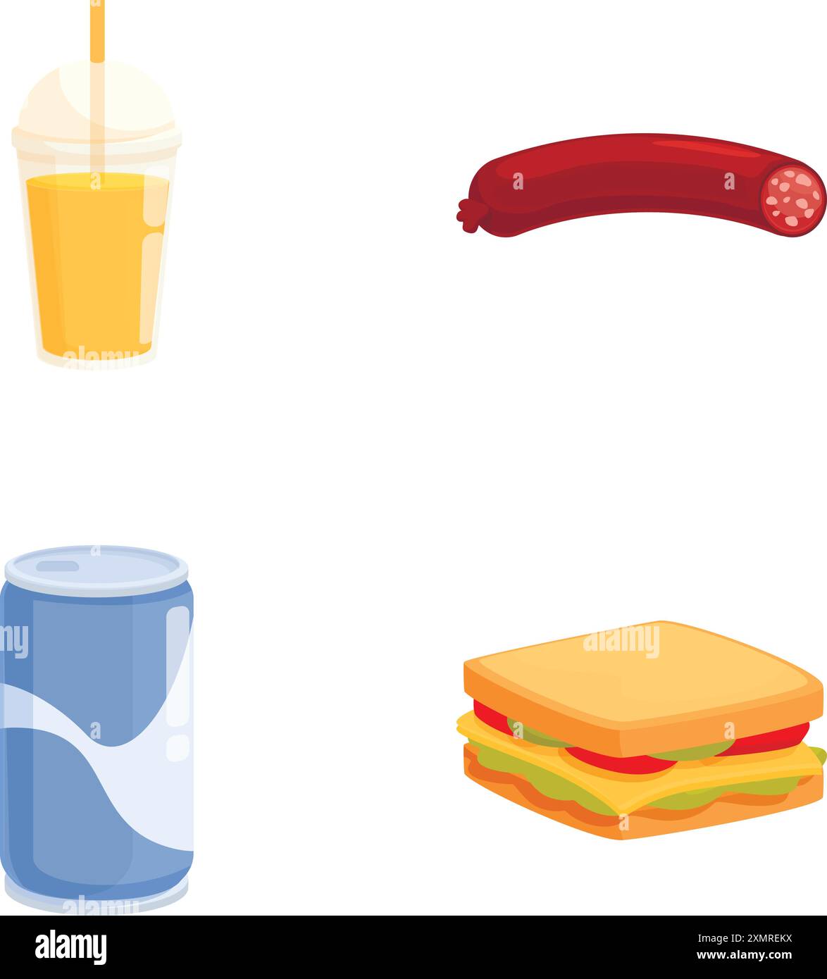 Set di illustrazioni vettoriali con fast food, succo d'arancia, salsiccia, lattina di bibita e sandwich Illustrazione Vettoriale