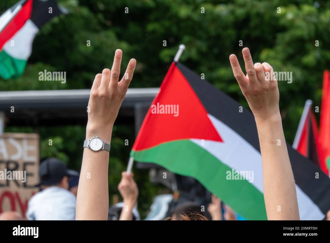 Folla di persone che marciano in segno di solidarietà con la Palestina Foto Stock