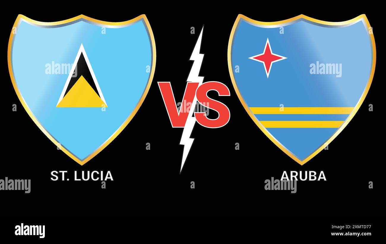 Emozionante partita di calcio Saint Lucia vs Aruba con sfondo nero e contro bandiere Illustrazione Vettoriale