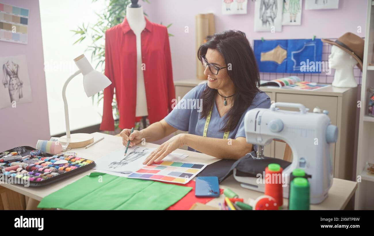 Donna sorridente stilista che disegna in un luminoso atelier con tessuti e macchina da cucire Foto Stock