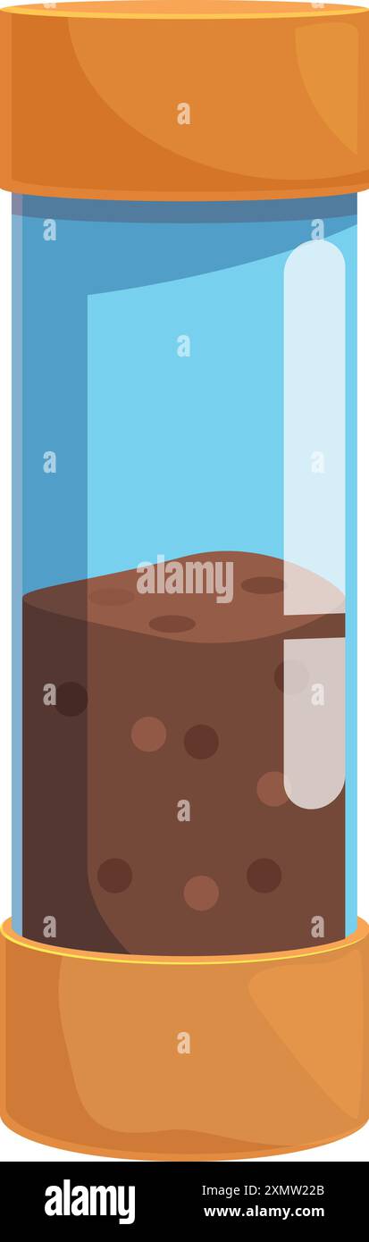 Provetta cilindrica in vetro con tappi arancioni contenente un campione di terreno marrone, potenzialmente per analisi scientifiche Illustrazione Vettoriale