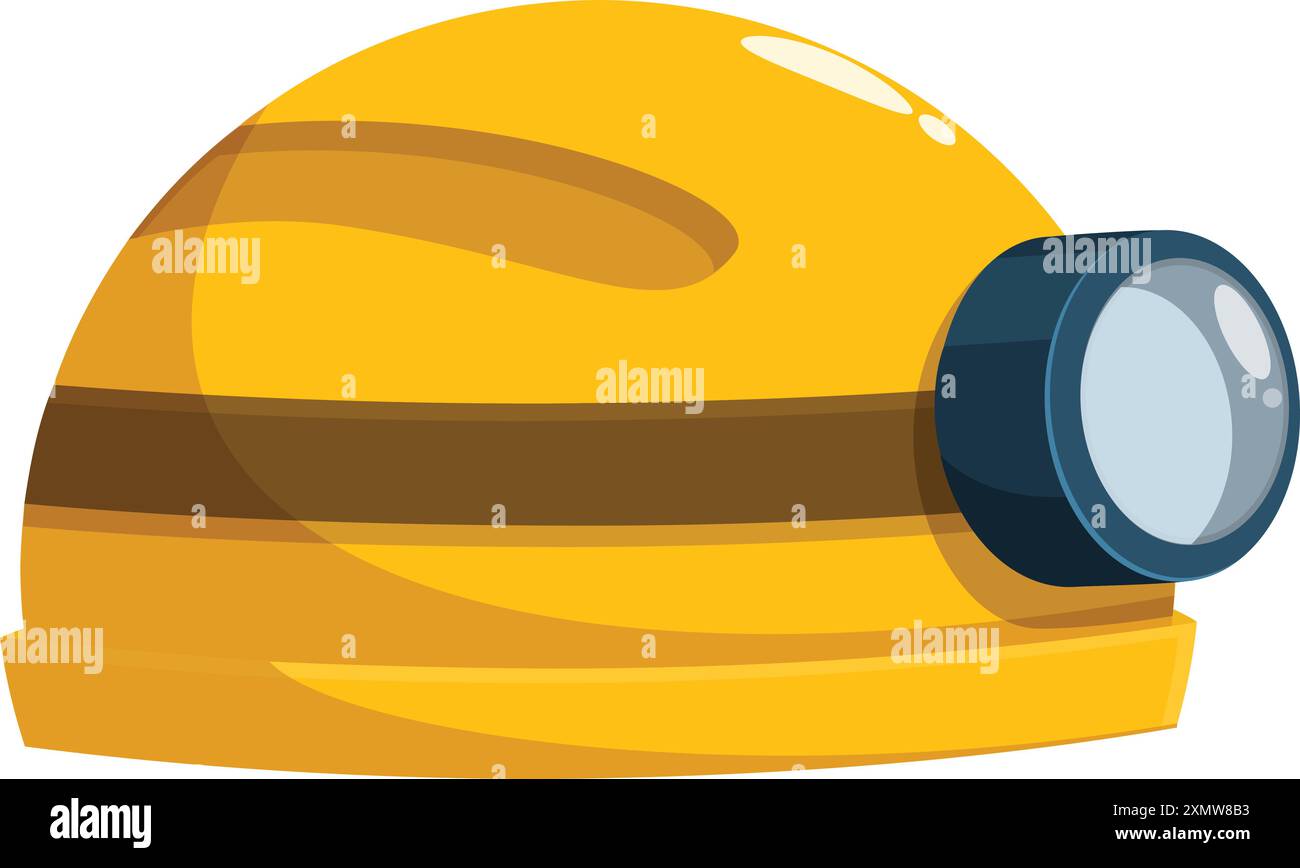 Casco da miniera giallo con luce brillante, attrezzatura essenziale per lavorare in modo sicuro ed efficiente in ambienti sotterranei bui e pericolosi Illustrazione Vettoriale