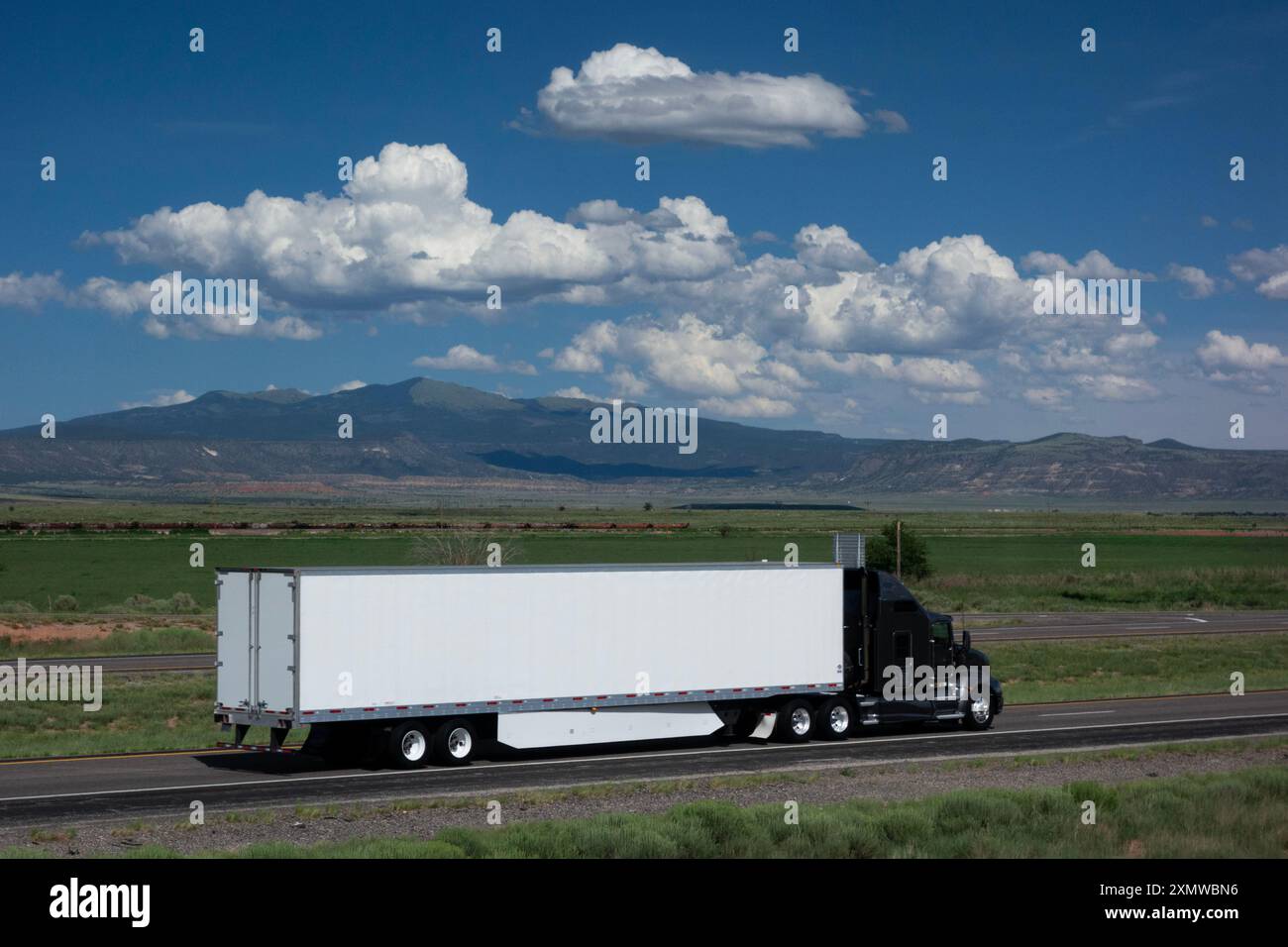 Un rimorchio bianco bianco e un camionista nero che viaggia sull'interstate sotto un cielo blu Foto Stock