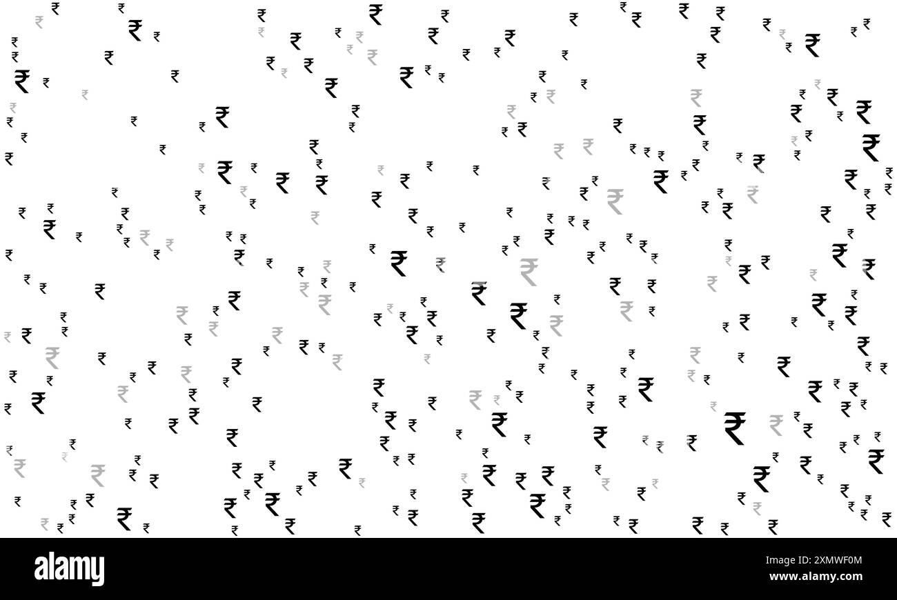 Simboli di rupia indiana di diverse dimensioni e opacità illustrazione vettoriale con motivo di sfondo senza cuciture. Illustrazione Vettoriale