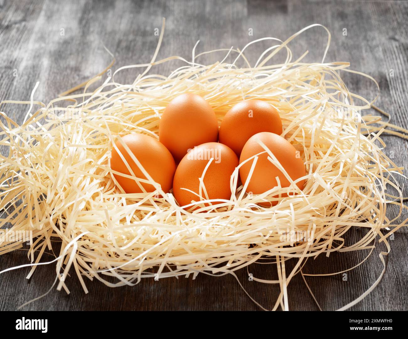 Le uova di gallina in un nido Foto Stock