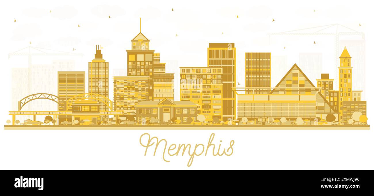 Profilo della città di Memphis, Tennessee, con edifici dorati isolati su White. Illustrazione vettoriale. Illustrazione Vettoriale