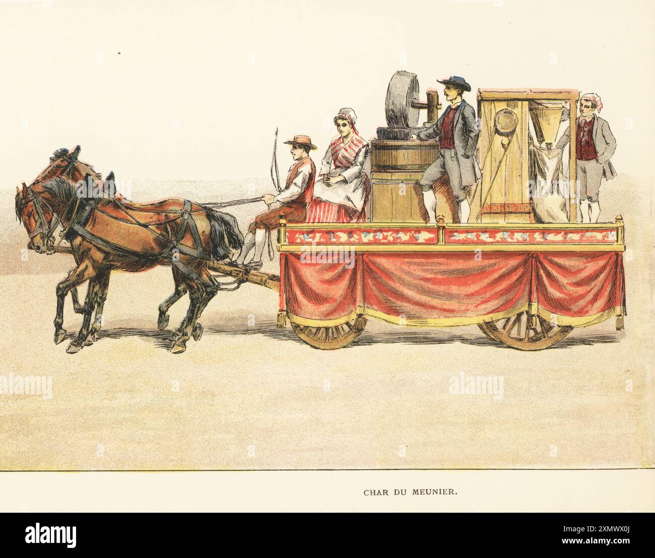 Il galleggiante dei mulini trainato da due cavalli. Un mugnaio e sua moglie posano accanto a una mola e un lavoratore sacca la farina macinata sul retro. Char du Meunier. Chromolithograph di S. Krakow da album Officiel de la Fete des Vignerons, album ufficiale del Festival dei viticoltori, Loertscher and Jacot-Guillarmod, Vevey, Svizzera, 1889. Oltre 1.300 artisti hanno partecipato alla sfilata musicale al vi Festival. Foto Stock