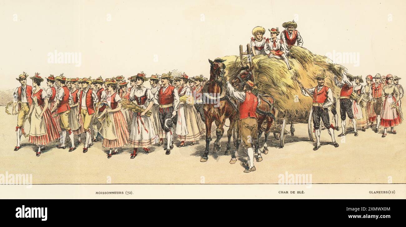 Raccoglitori e spigoli con un carro per fieno. Uomini e donne che trasportano carrucole di grano e ghirlande, camminano davanti a un carro trainato da cavalli carico di paglia. Moissonneurs, Char de BLE, Glaneurs. Chromolithograph di S. Krakow da album Officiel de la Fete des Vignerons, album ufficiale del Festival dei viticoltori, Loertscher and Jacot-Guillarmod, Vevey, Svizzera, 1889. Oltre 1.300 artisti hanno partecipato alla sfilata musicale al vi Festival. Foto Stock