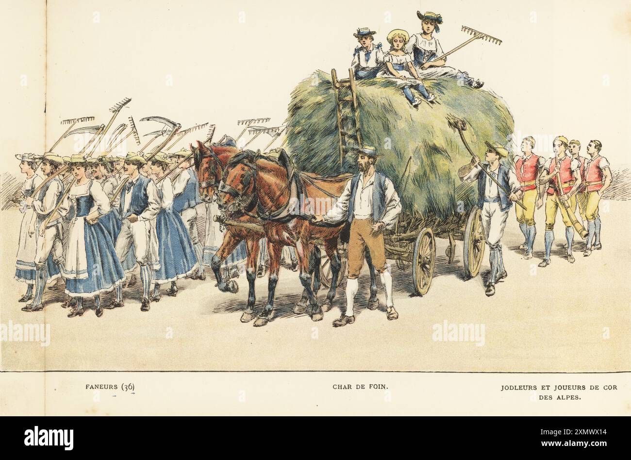 Haymakers che reggono falce e rastrelli di fronte a un carro da fieno trainato da cavalli, yodelers e suonatori di corno alpino. Faneurs, Char de Foin, Jodleurs et Joueurs de Cor des Alpes. Chromolithograph di S. Krakow da album Officiel de la Fete des Vignerons, album ufficiale del Festival dei viticoltori, Loertscher and Jacot-Guillarmod, Vevey, Svizzera, 1889. Oltre 1.300 artisti hanno partecipato alla sfilata musicale al vi Festival. Foto Stock