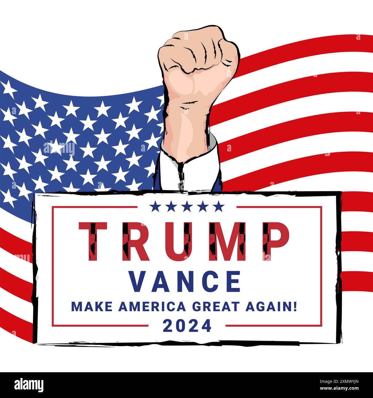 2024 Donald Trump logo della campagna con una mano in rilievo e una bandiera americana sullo sfondo Foto Stock