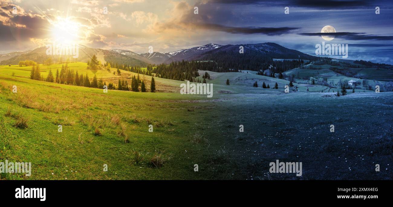 l'immagine composita del paesaggio rurale di giorno e di notte cambia idea. Vista idilliaca di un bel terreno agricolo. colline ondulate. Paesaggio rurale in montagna Foto Stock