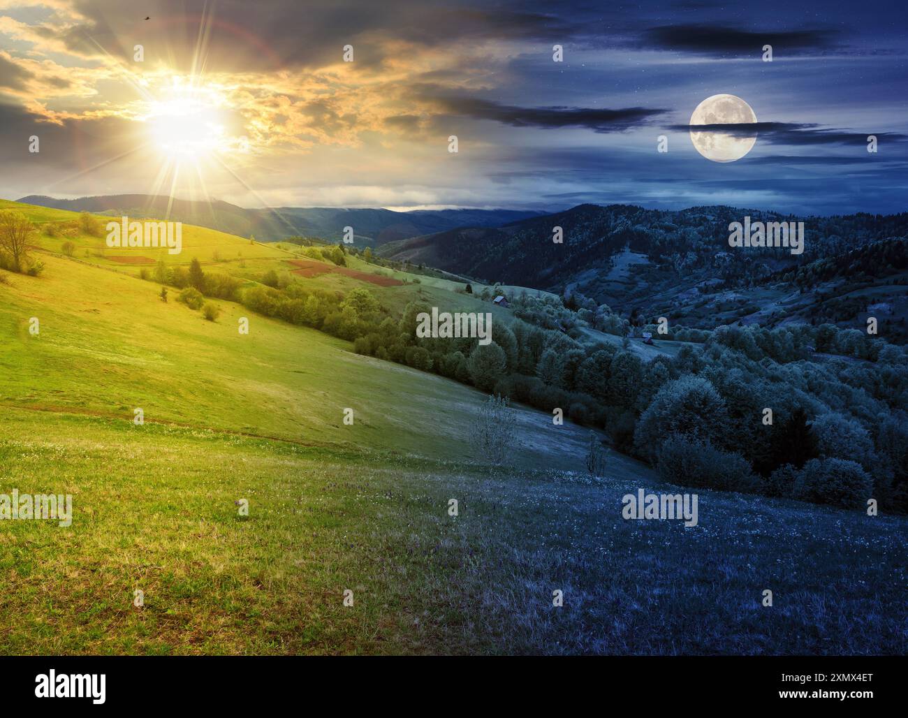 l'immagine composita del paesaggio rurale di giorno e di notte cambia idea. vista spettacolare di un grazioso terreno agricolo. colline ondulate. Paesaggio rurale nel monte Foto Stock