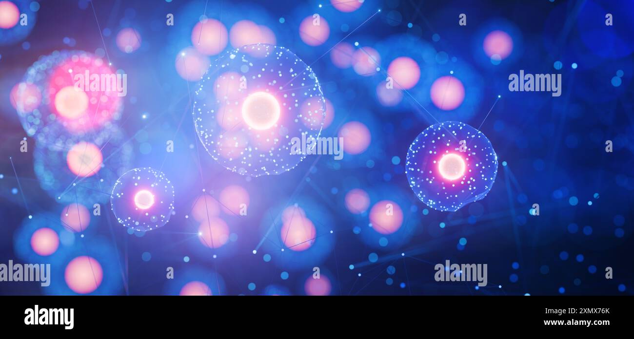 Conoscenze scientifiche sulla tecnologia cosmetica. Soluzione cosmetica concettuale per la cura della pelle. Strutture molecolari. Adatto per prodotti biochimici, farmaceutici, Foto Stock