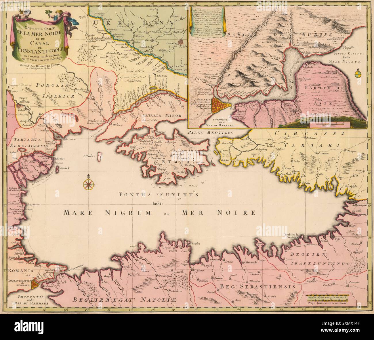 Mappa d'epoca del Mar Nero e del Canale di Costantinopoli. Molto preciso da Nicholas Visscher. intorno al 1710 Foto Stock