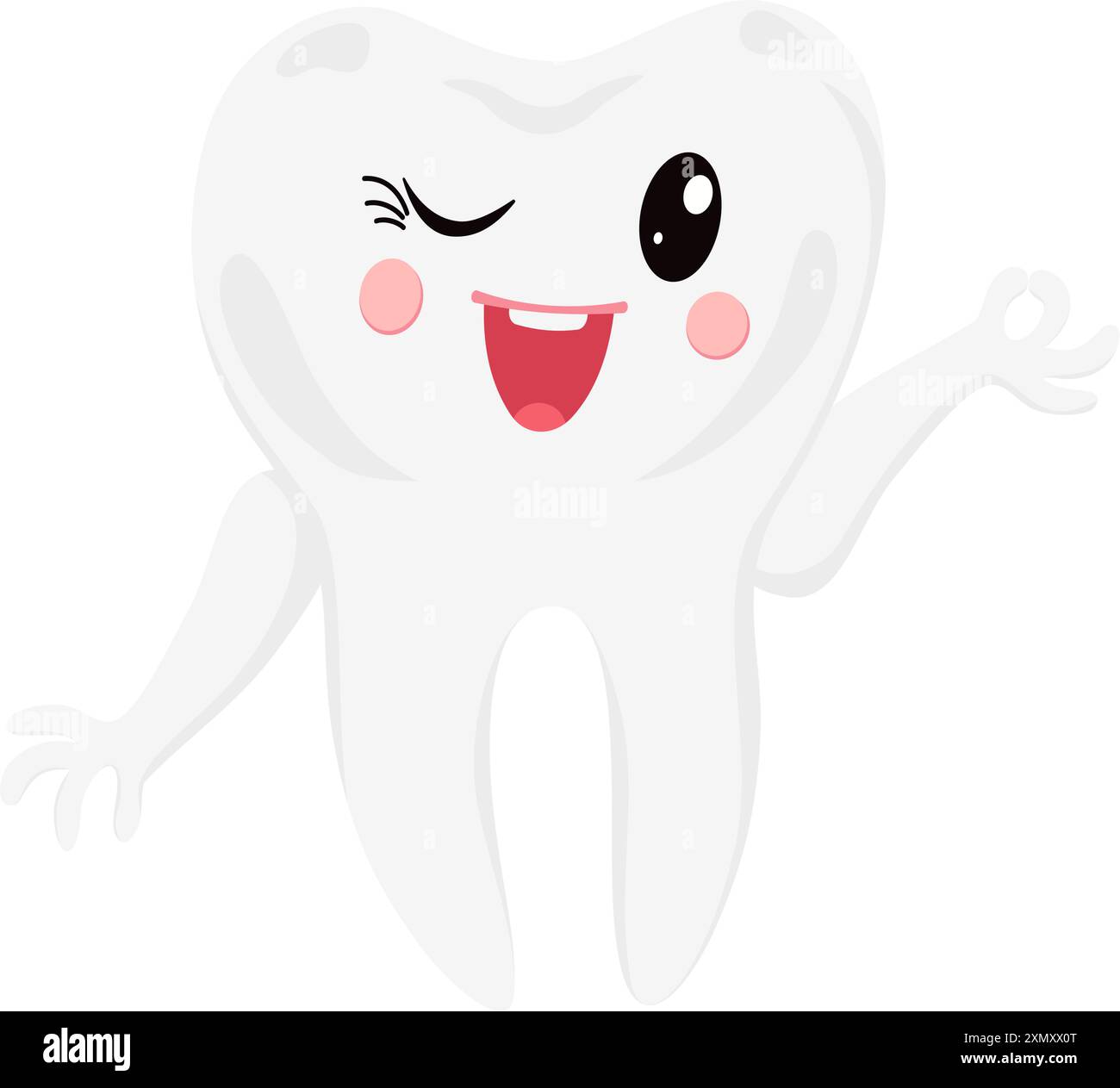 Un allegro bambino di denti kawaii avvolgenti isolato su sfondo bianco. Divertente carattere dentale per l'odontoiatria dei bambini. Illustrazione Vettoriale