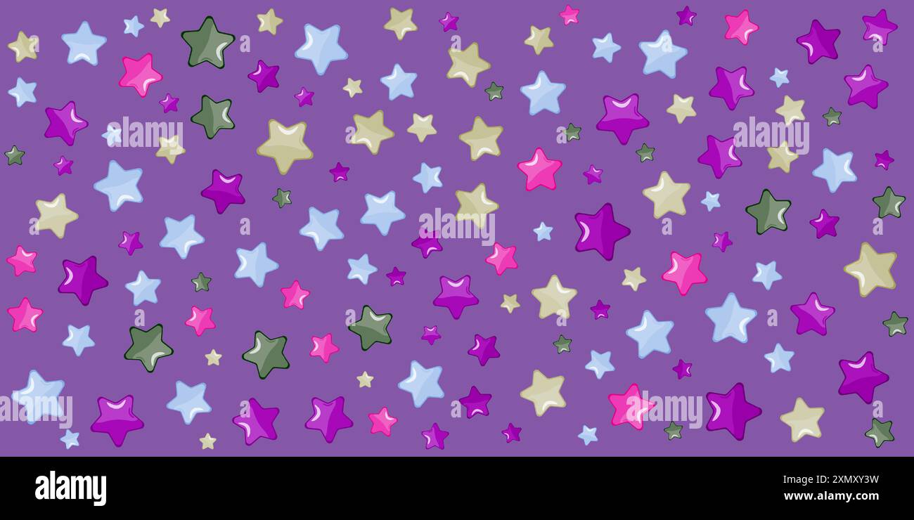 Un motivo vibrante con stelle colorate di varie dimensioni su sfondo lilla. Ideale per la carta da parati, per la stampa di abbigliamento e accessori per bambini. Illustrazione Vettoriale