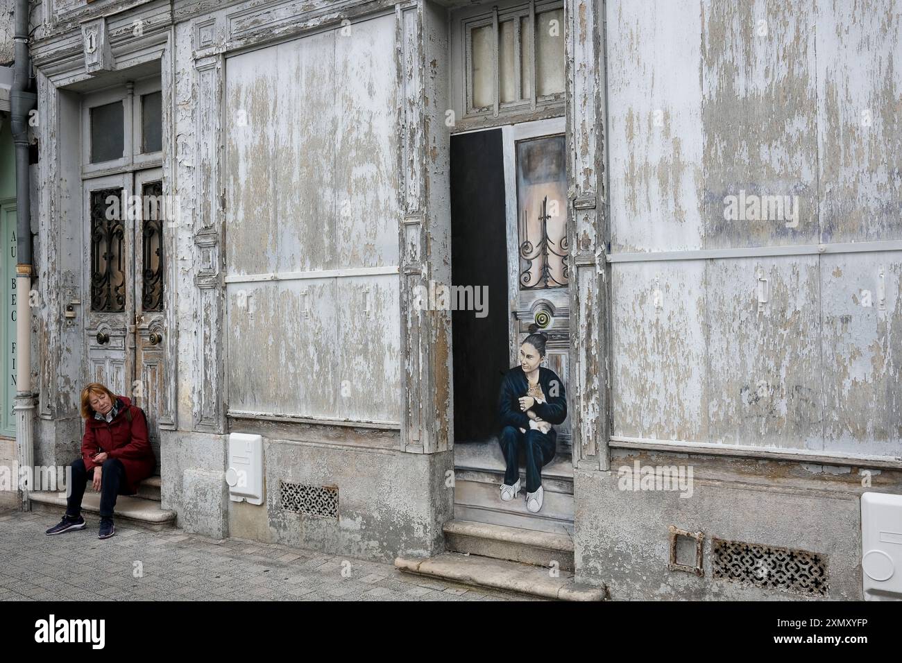 Murales di graffiti su una vecchia porta a Troyes, Francia Foto Stock