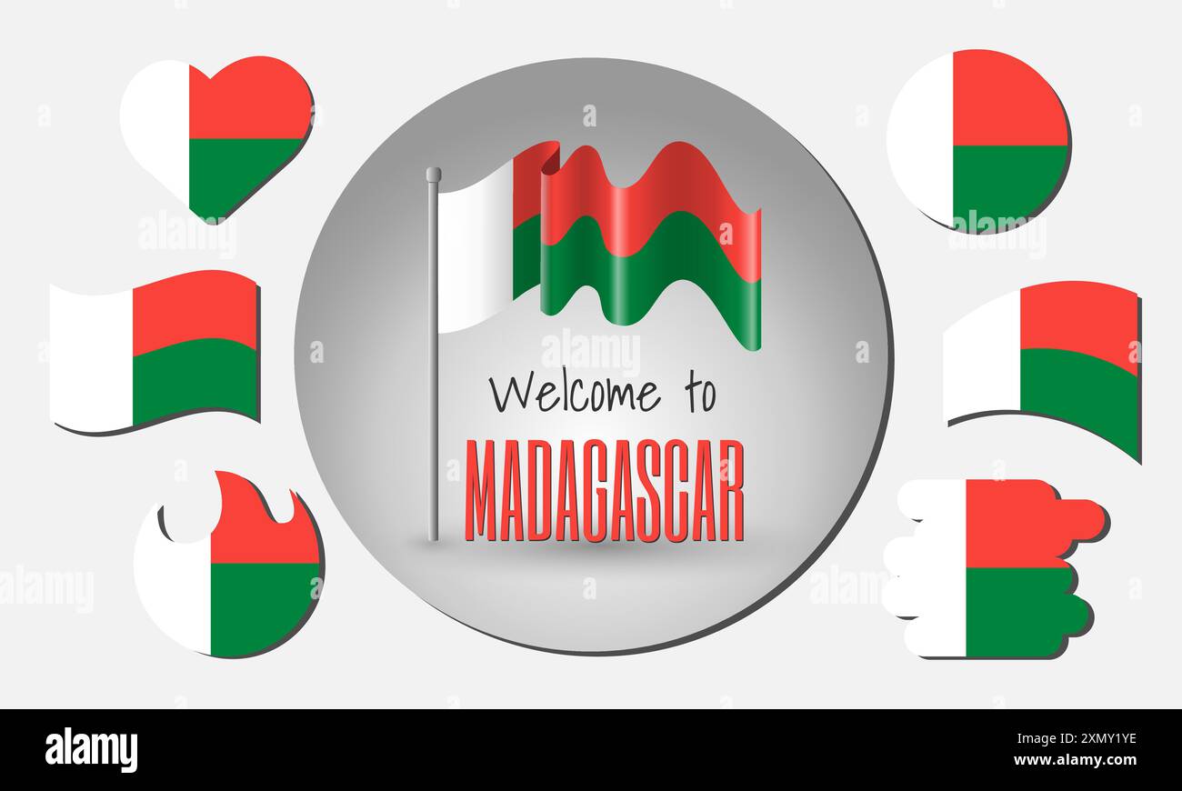 Set di bandiere del Madagascar e sventolando bandiera del Madagascar in vettore con l'iscrizione benvenuto in Madagascar! Illustrazione Vettoriale