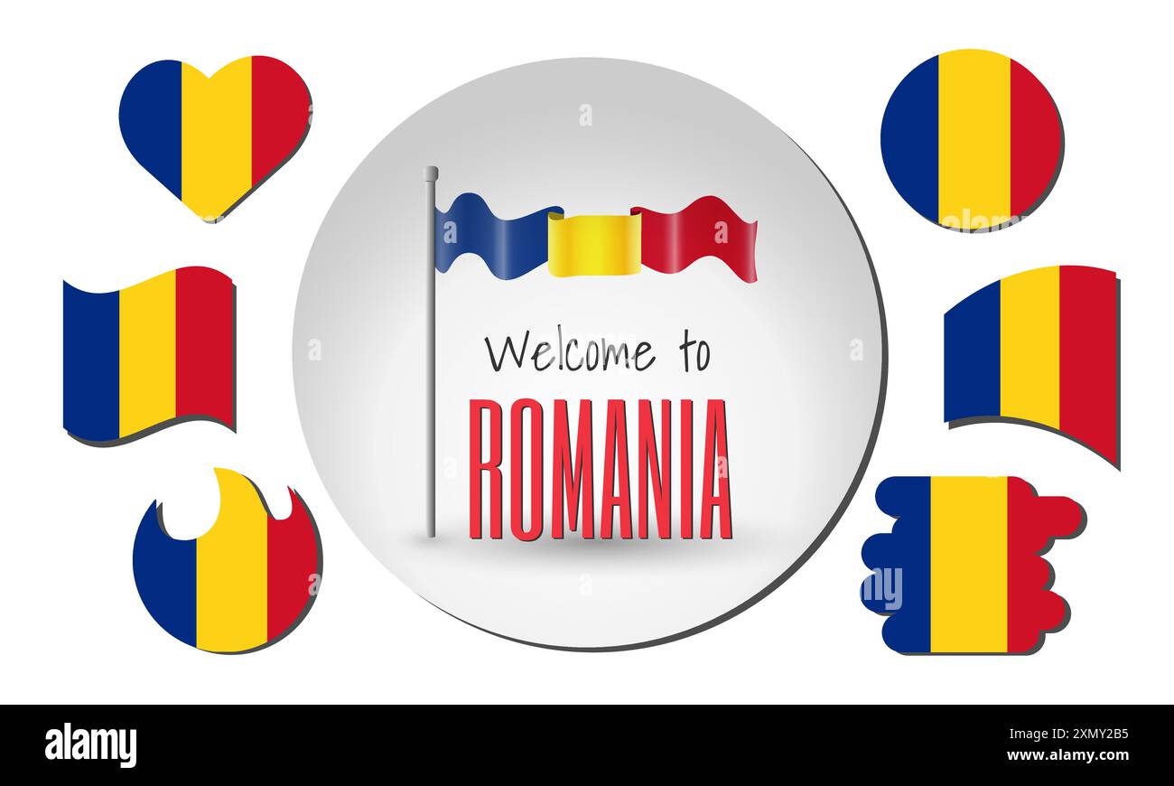 Set di bandiere rumene e sventolare bandiera rumena in vettore con l'iscrizione Benvenuti in Romania! Illustrazione Vettoriale