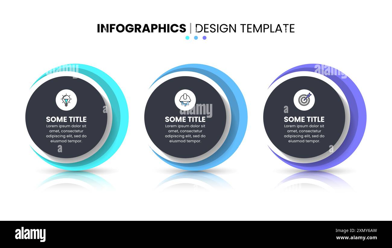 Modello infografico con icone e 3 opzioni o passaggi. Cerchi in piedi. Può essere utilizzato per layout del flusso di lavoro, diagrammi, banner, webdesign. Illustrazione vettoriale Illustrazione Vettoriale