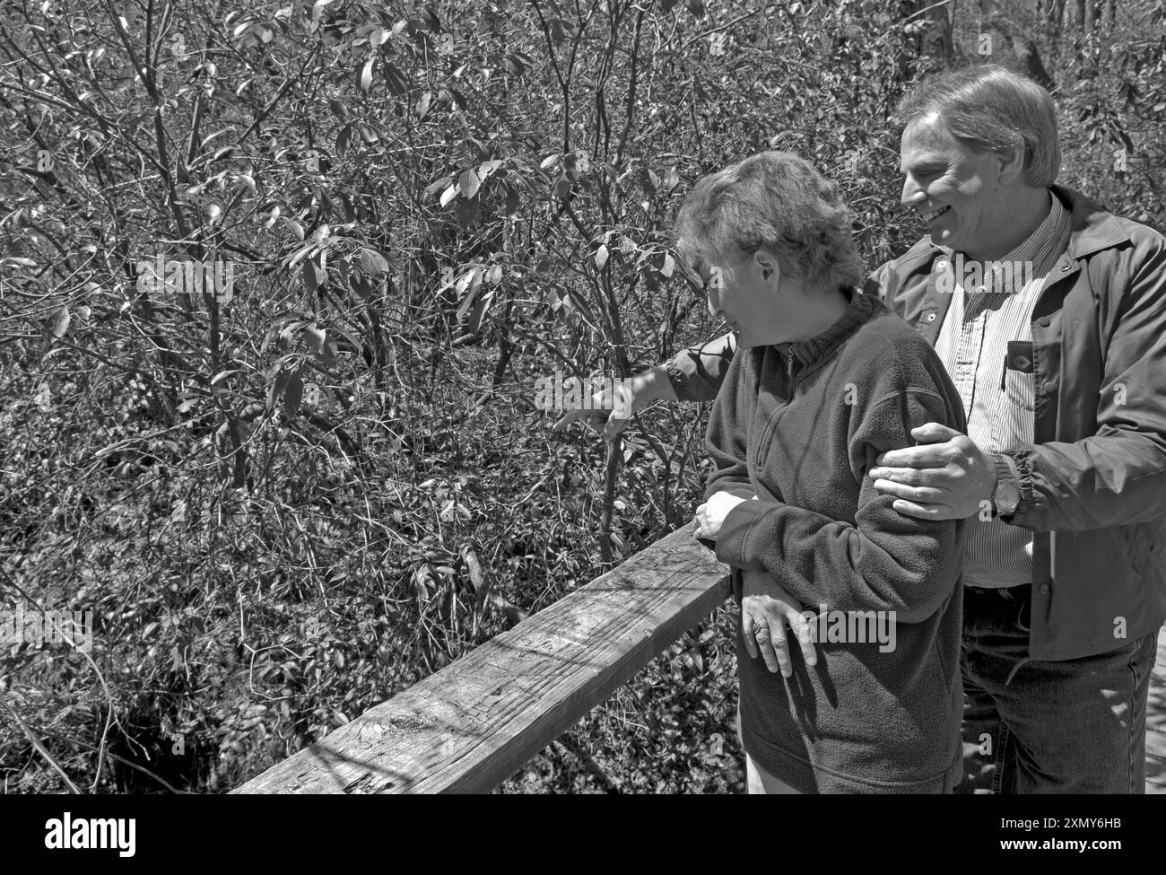 Coppia caucasica, 50-55 anni, godendo di una vista panoramica da un ponte di legno su un sentiero al Davidson River Campground, North Carolina. STATI UNITI Foto Stock