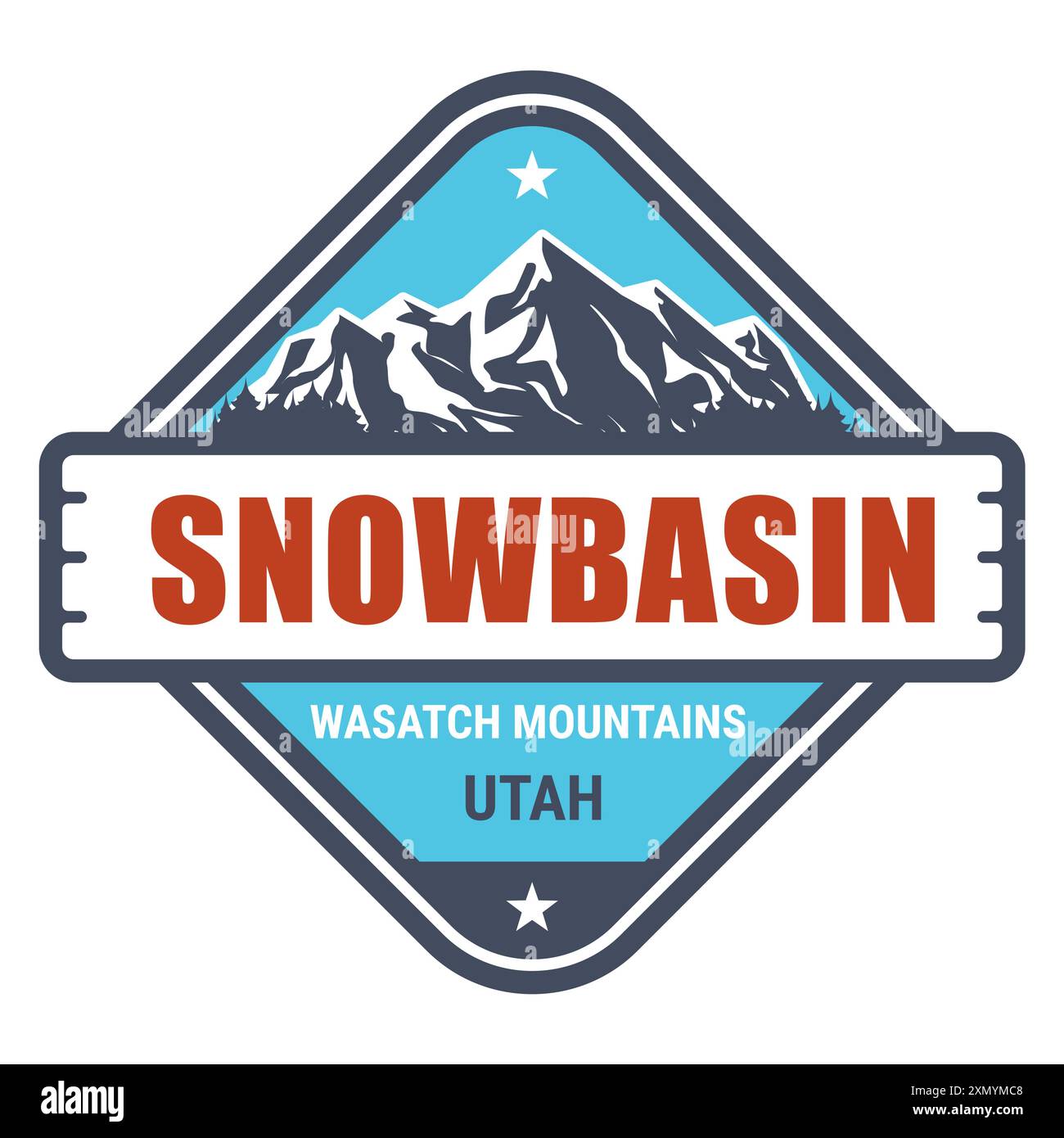 Francobollo del resort di Snowbasin, Utah, Wasatch Mountains, emblema delle montagne innevate, vettoriale Illustrazione Vettoriale