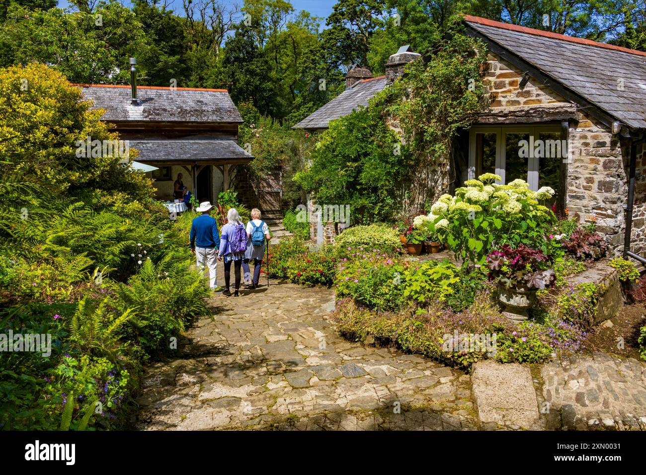 Tre visitatori che arrivano alla sala da tè di Docton Mill Garden, Lymebridge, North Devon, Inghilterra, Regno Unito Foto Stock